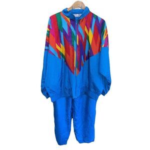 Laura Katherine Two Piece Set Track Suit Aqua Blue Nylon Jacket Pants 22W Pocket